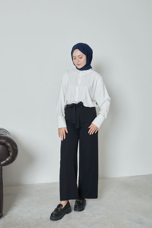 PNT01448-SYH Kadın Beli Lastikli Bağlama Detaylı Geniş Paça Tesettür Pantolon-Siyah