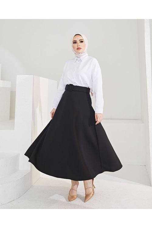 MOE02806-SYH Kemerli Kloş Etek-Siyah