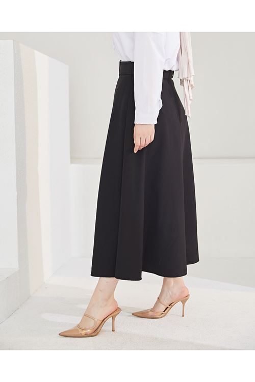 MOE02806-SYH Kemerli Kloş Etek-Siyah