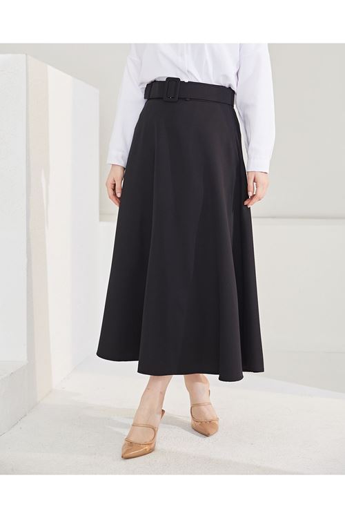 MOE02806-SYH Kemerli Kloş Etek-Siyah