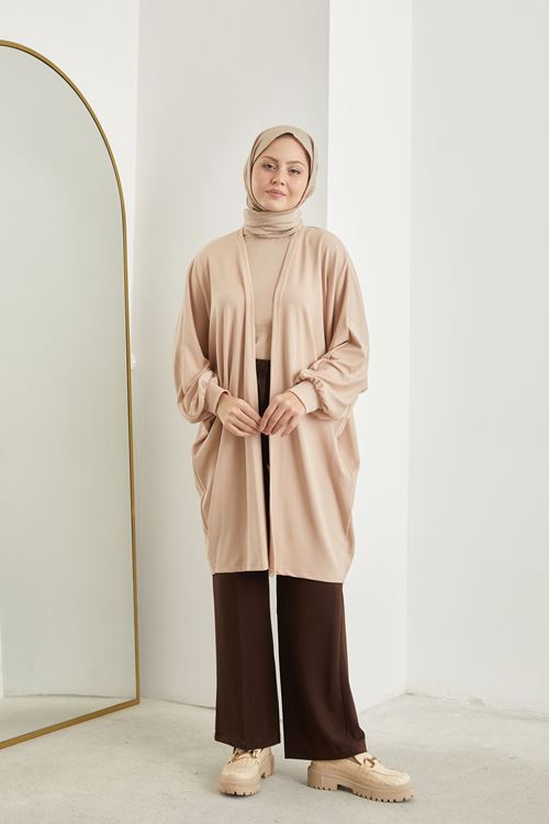 HIR02419-BEJ Kadın Yarasa Kol Detaylı Salaş İnce Yazlık Giy Çık Tesettür Hırka-Bej