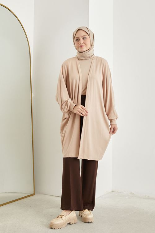 HIR02419-BEJ Kadın Yarasa Kol Detaylı Salaş İnce Yazlık Giy Çık Tesettür Hırka-Bej