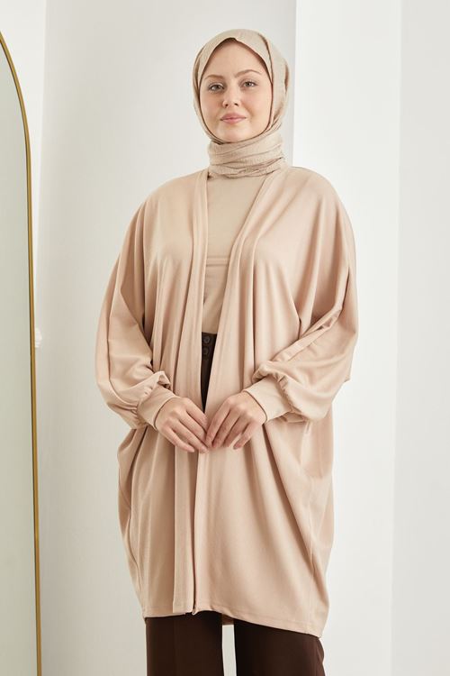 HIR02419-BEJ Kadın Yarasa Kol Detaylı Salaş İnce Yazlık Giy Çık Tesettür Hırka-Bej