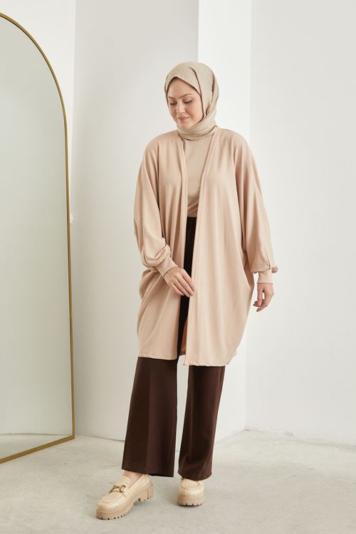HIR02419-BEJ Kadın Yarasa Kol Detaylı Salaş İnce Yazlık Giy Çık Tesettür Hırka-Bej
