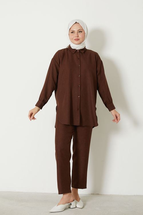 PİT00446-KHV Roba Detay Pantolonlu Keten Takım-Kahve