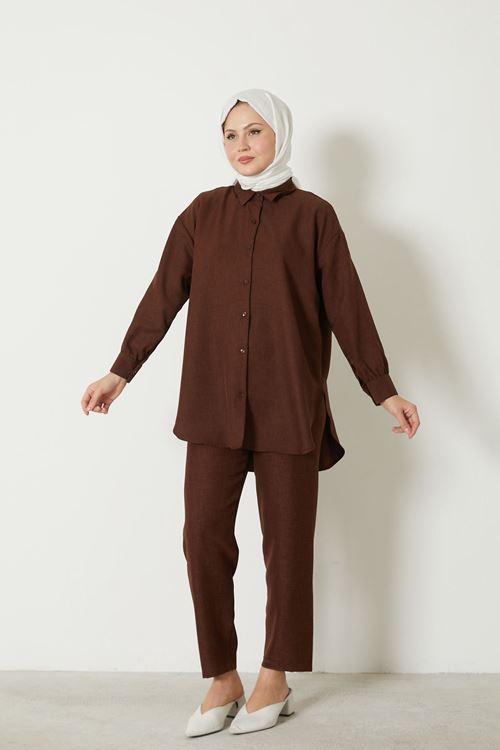 PİT00446-KHV Roba Detay Pantolonlu Keten Takım-Kahve