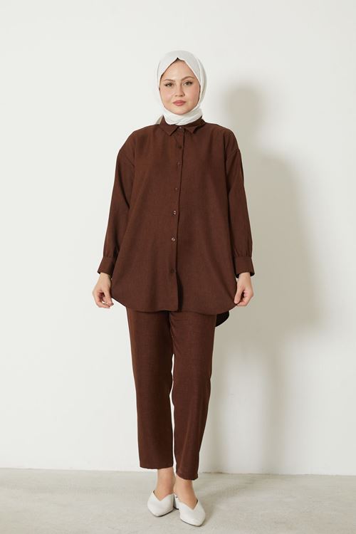 PİT00446-KHV Roba Detay Pantolonlu Keten Takım-Kahve