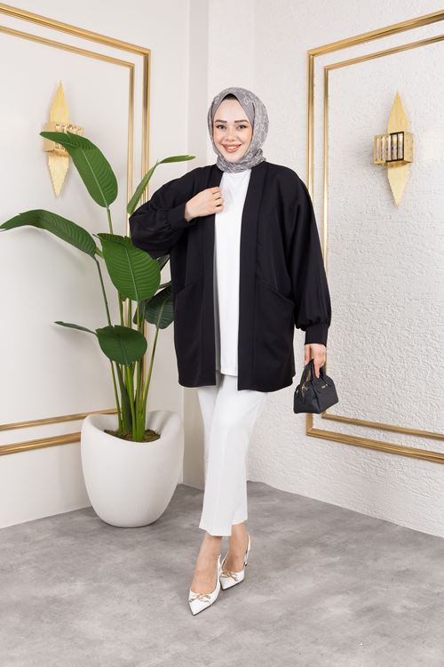 HIR02423-SYH Cep Detay Atlas Hırka-Siyah