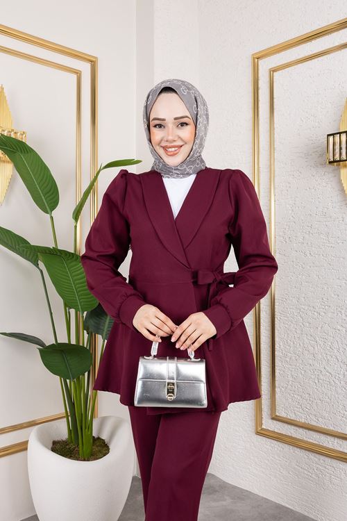 PİT00466-BRD Kuşak Detay Ceketli Takım-Bordo