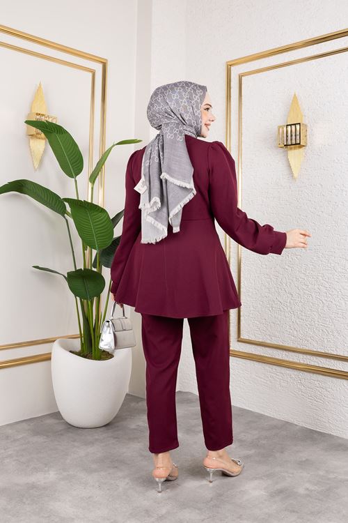 PİT00466-BRD Kuşak Detay Ceketli Takım-Bordo