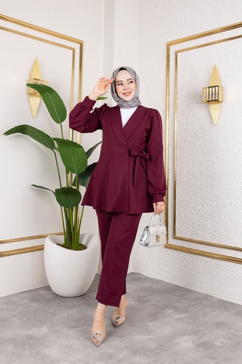 PİT00466-BRD Kuşak Detay Ceketli Takım-Bordo