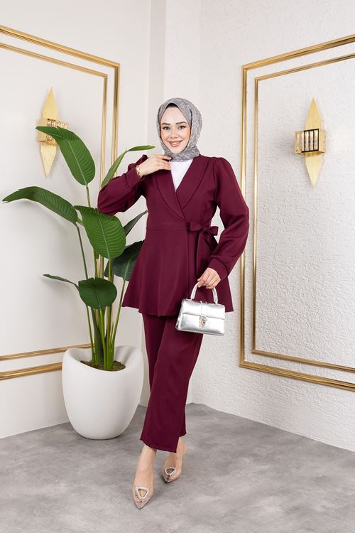 PİT00466-BRD Kuşak Detay Ceketli Takım-Bordo