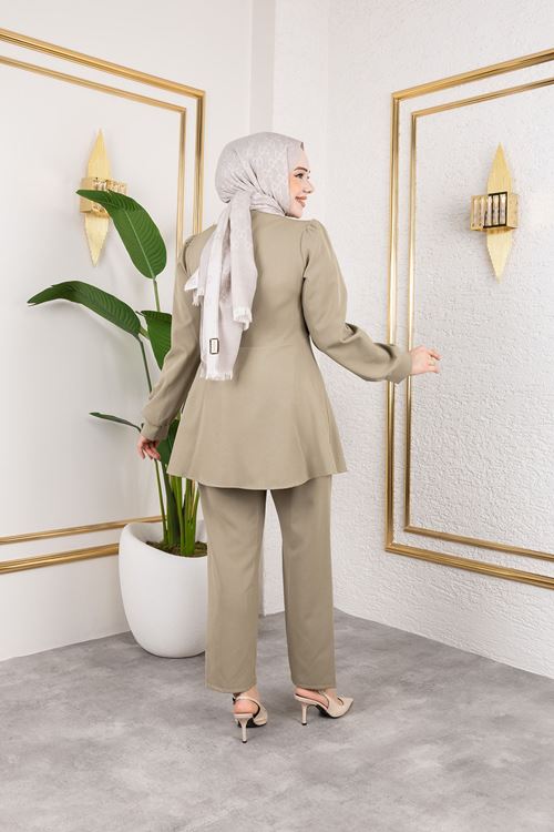 PİT00466-HKİ Kuşak Detay Ceketli Takım-Haki