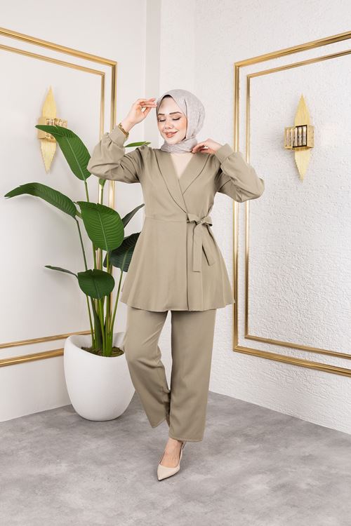 PİT00466-HKİ Kuşak Detay Ceketli Takım-Haki
