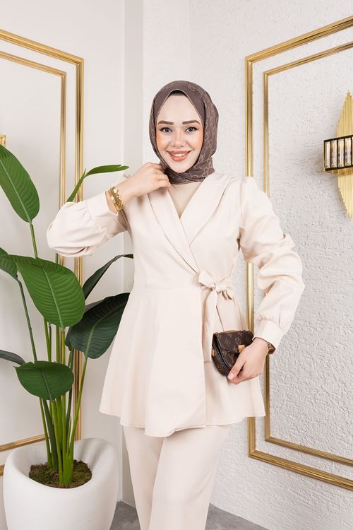 PİT00466-KRM Kuşak Detay Ceketli Takım-Krem