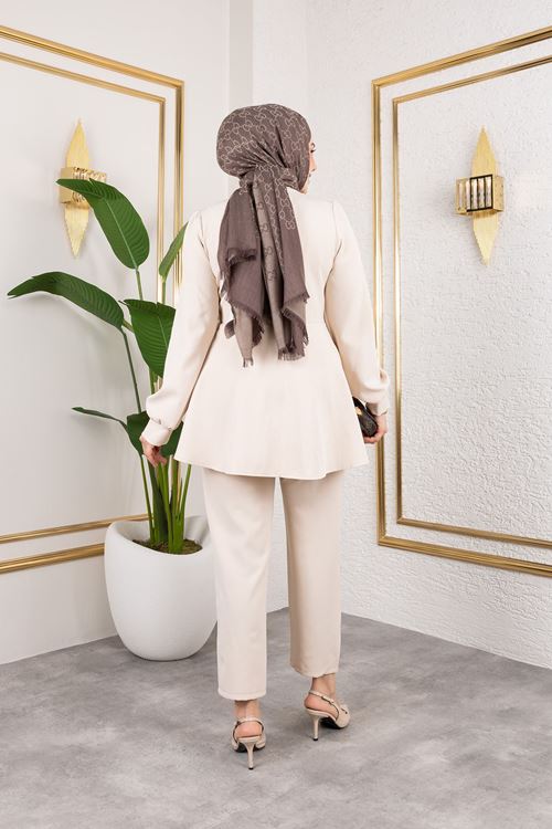 PİT00466-KRM Kuşak Detay Ceketli Takım-Krem