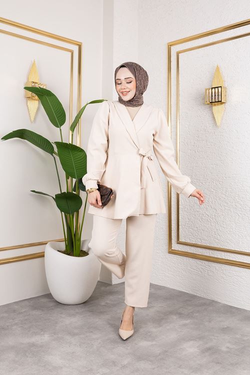 PİT00466-KRM Kuşak Detay Ceketli Takım-Krem