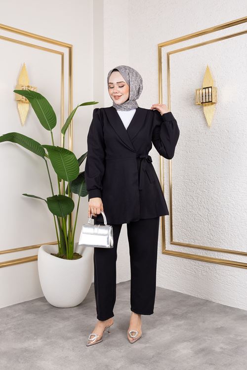 PİT00466-SYH Kuşak Detay Ceketli Takım-Siyah