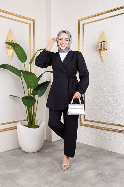 PİT00466-SYH Kuşak Detay Ceketli Takım-Siyah