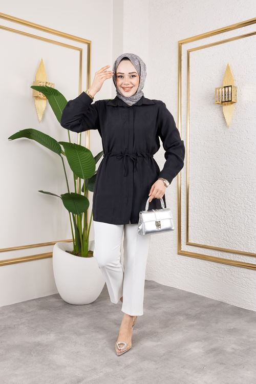 TUN05866-SYH Kadın Beli Tünel Kuşak Detaylı Gölek Yaka Trend Yazlık Modest Modal Kumaş Tesettür Tunik-Siyah