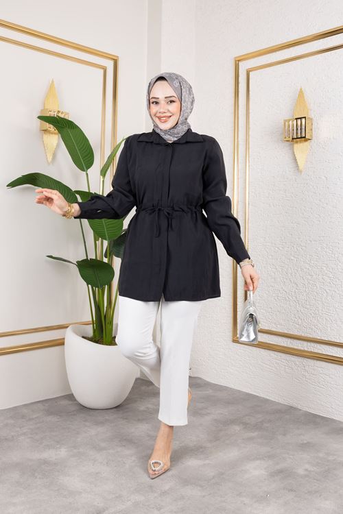 TUN05866-SYH Kadın Beli Tünel Kuşak Detaylı Gölek Yaka Trend Yazlık Modest Modal Kumaş Tesettür Tunik-Siyah