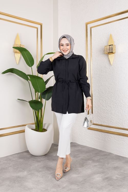 TUN05866-SYH Kadın Beli Tünel Kuşak Detaylı Gölek Yaka Trend Yazlık Modest Modal Kumaş Tesettür Tunik-Siyah