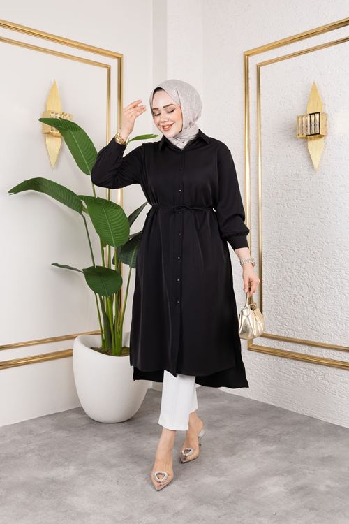 TUN05867-SYH Kadın Yırtmaç Detaylı Kuşaklı Gömlek Yaka Boydan Düğmeli Uzıun Tesettür Tunik-Siyah