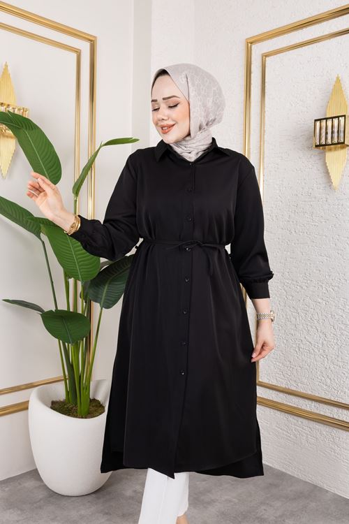TUN05867-SYH Kadın Yırtmaç Detaylı Kuşaklı Gömlek Yaka Boydan Düğmeli Uzıun Tesettür Tunik-Siyah