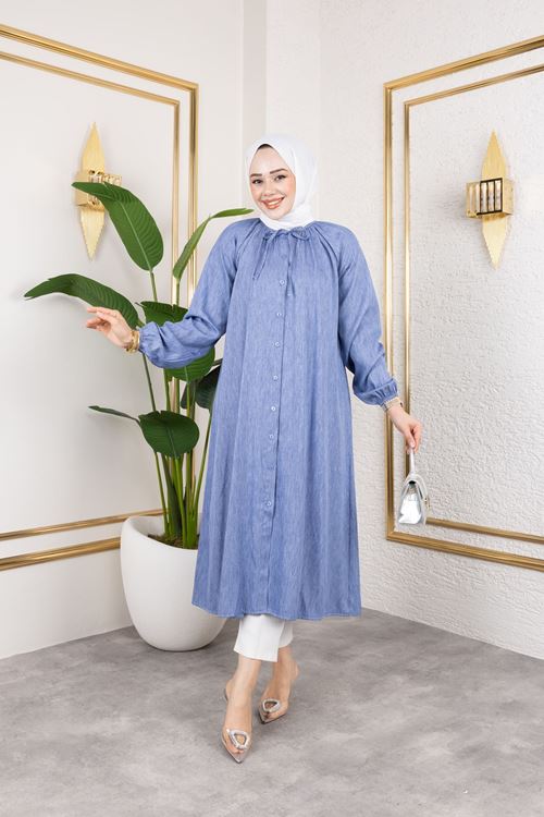 TUN05874-İND Kadın Kolu Lastikli Yaka Bağlama Detaylı Salaş Rahat Kalıp Boydan Düğmeli Uzun Tesettür Tunik-İndigo