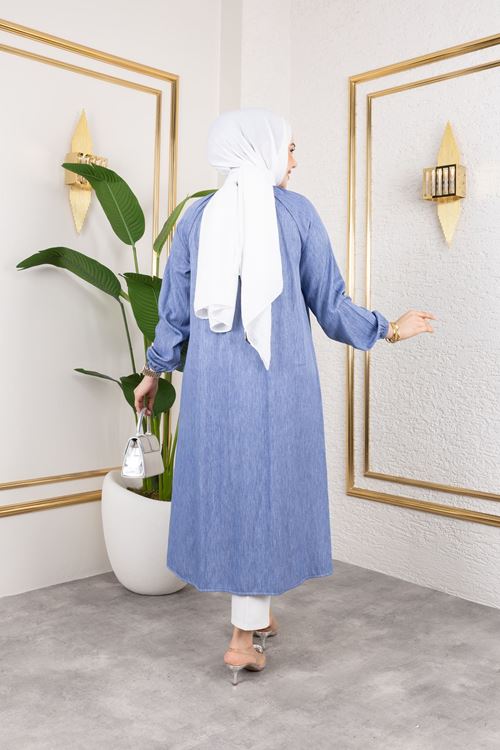 TUN05874-İND Kadın Kolu Lastikli Yaka Bağlama Detaylı Salaş Rahat Kalıp Boydan Düğmeli Uzun Tesettür Tunik-İndigo