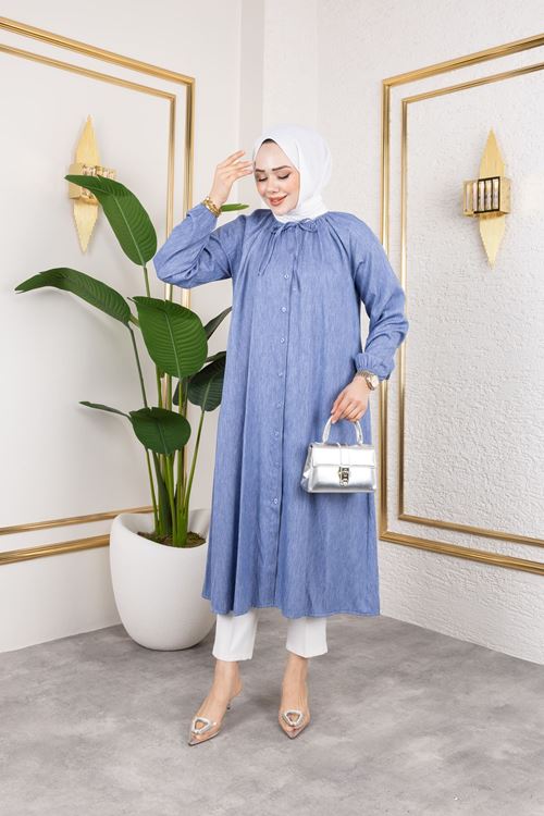 TUN05874-İND Kadın Kolu Lastikli Yaka Bağlama Detaylı Salaş Rahat Kalıp Boydan Düğmeli Uzun Tesettür Tunik-İndigo