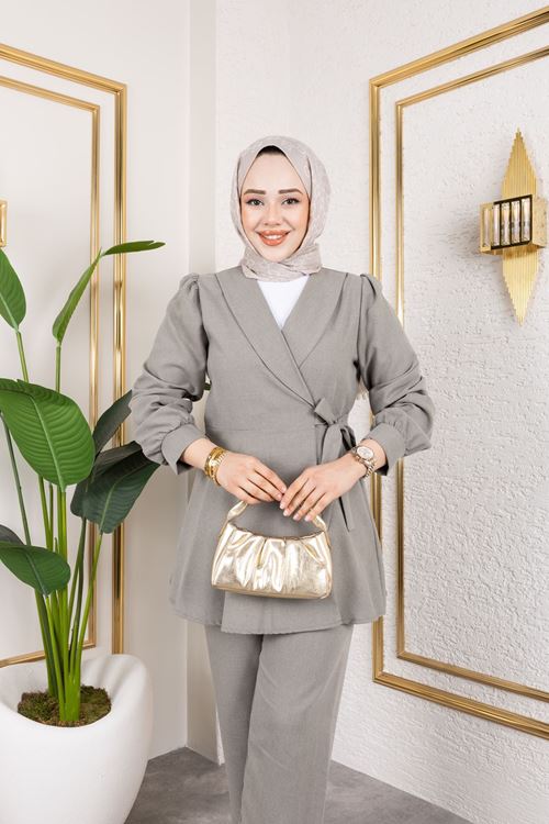 PİT00471-MNT Kuşak Detay Ceketli Poliviskon Takım-Mint