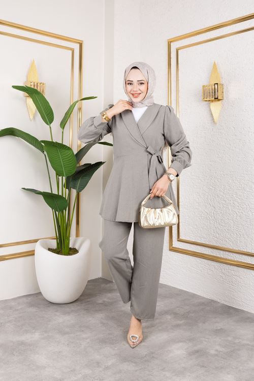 PİT00471-MNT Kuşak Detay Ceketli Poliviskon Takım-Mint