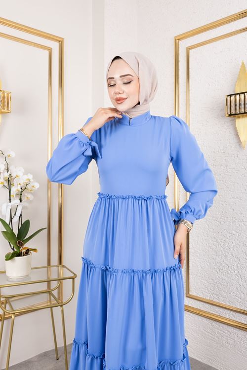 ELB04068-İND Kat Kat Bible Elbise-İndigo