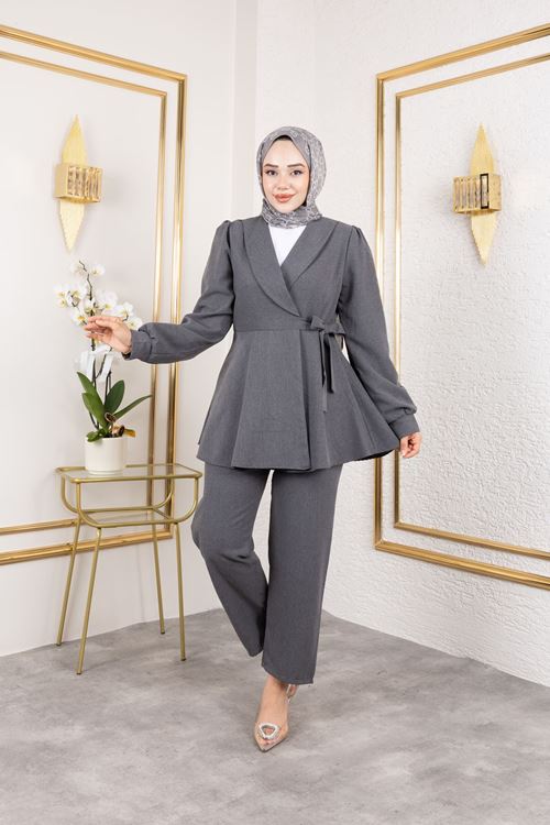 PİT00471-ANT Kuşak Detay Ceketli Poliviskon Takım-Antrasit