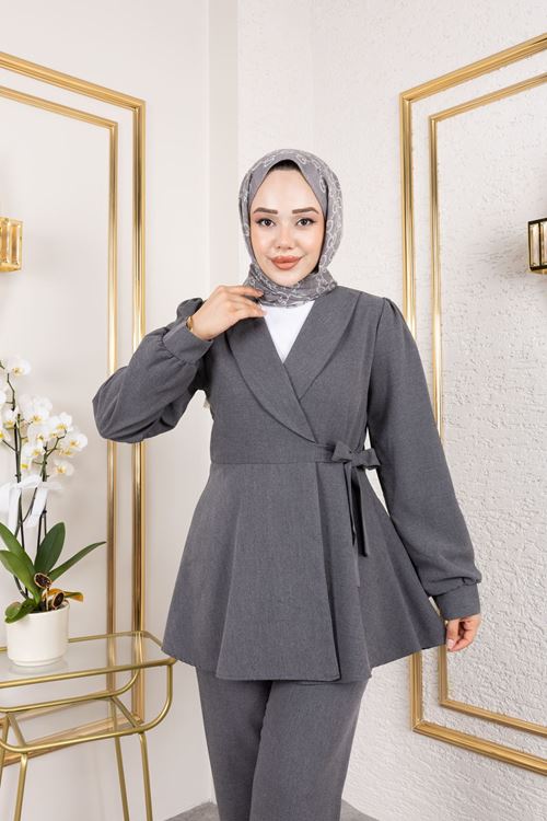PİT00471-ANT Kuşak Detay Ceketli Poliviskon Takım-Antrasit
