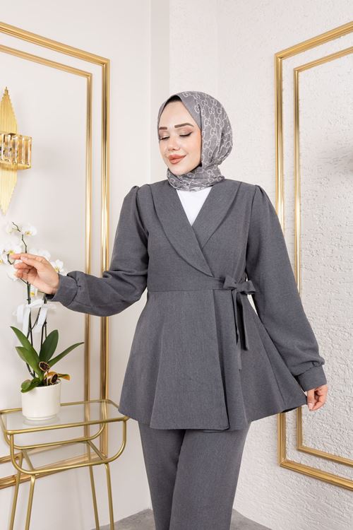 PİT00471-ANT Kuşak Detay Ceketli Poliviskon Takım-Antrasit