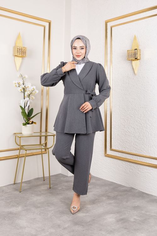 PİT00471-ANT Kuşak Detay Ceketli Poliviskon Takım-Antrasit