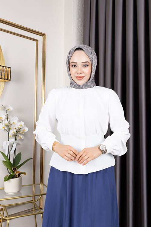 TUN05877-EKR Bel Büzgülü Tunik-Ekru