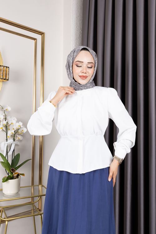 TUN05877-EKR Bel Büzgülü Tunik-Ekru