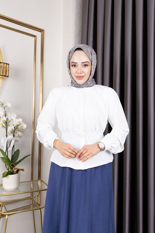 TUN05877-EKR Bel Büzgülü Tunik-Ekru