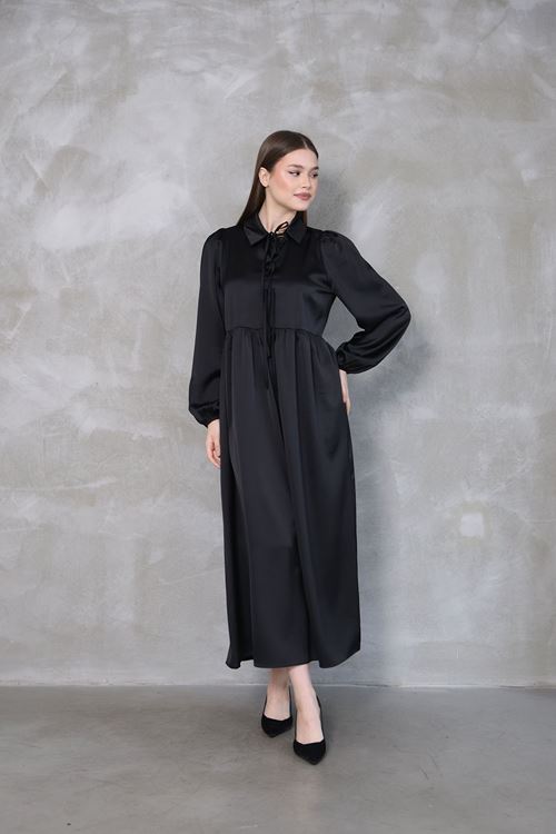 ELB04032-SYH Yaka Biye Detay Saten Elbise-Siyah