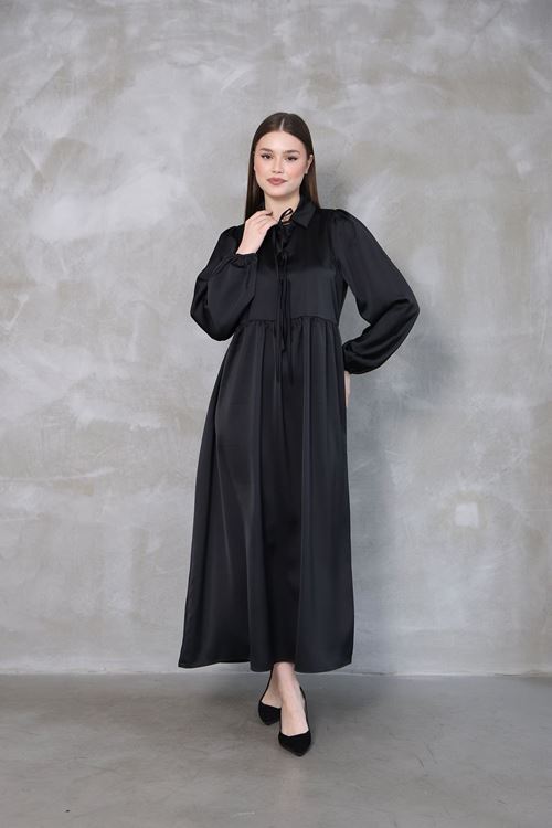 ELB04032-SYH Yaka Biye Detay Saten Elbise-Siyah