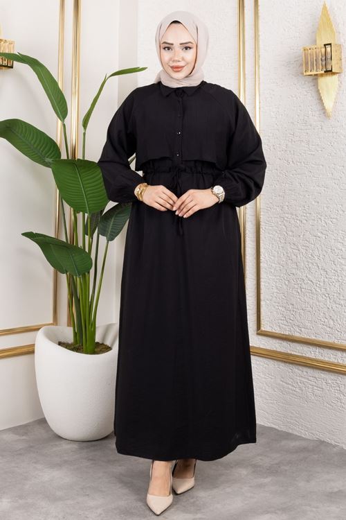 ELB04065-SYH Aller Detay Beli Tünel Elbise-Siyah