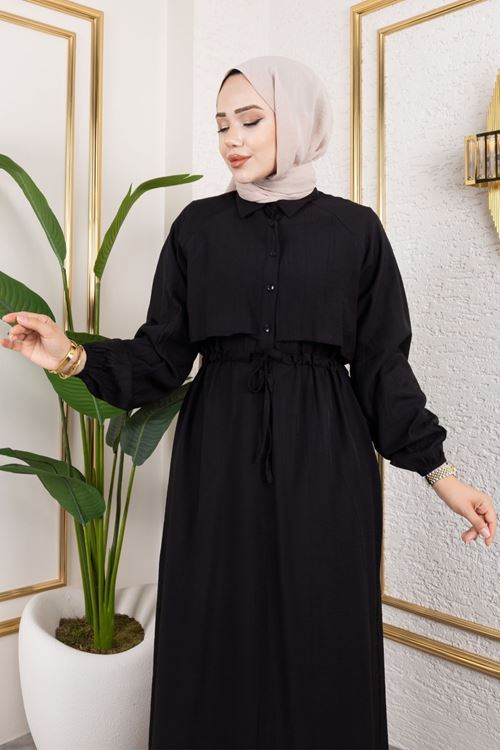 ELB04065-SYH Aller Detay Beli Tünel Elbise-Siyah