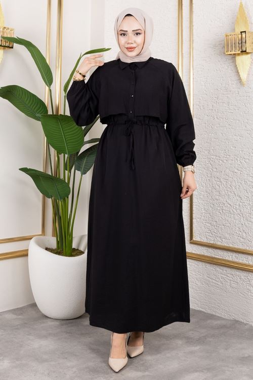 ELB04065-SYH Aller Detay Beli Tünel Elbise-Siyah