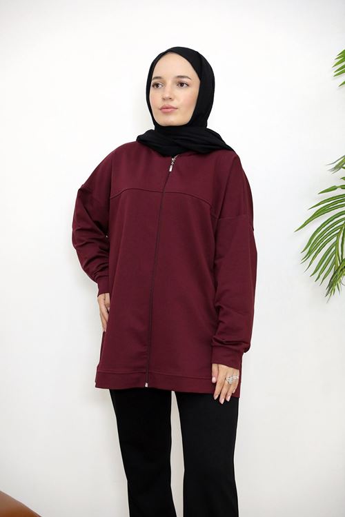 HIR02432-BRD Kapşonlu Fermuar Detay Hırka-Bordo