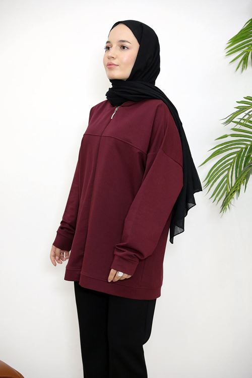 HIR02432-BRD Kapşonlu Fermuar Detay Hırka-Bordo