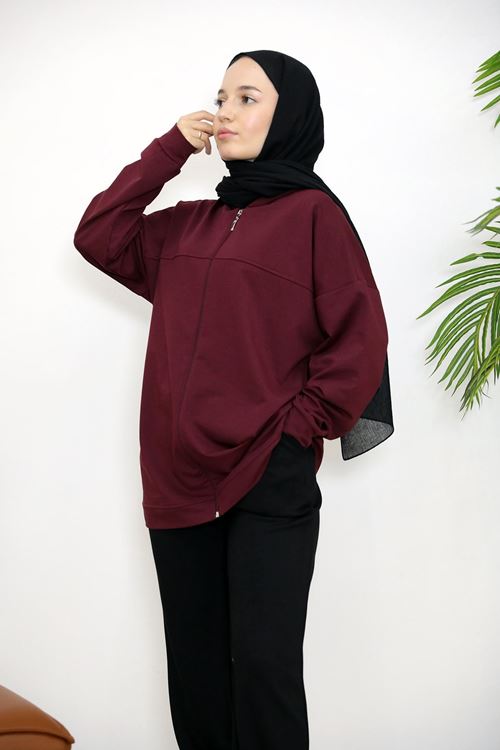 HIR02432-BRD Kapşonlu Fermuar Detay Hırka-Bordo