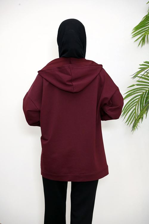 HIR02432-BRD Kapşonlu Fermuar Detay Hırka-Bordo